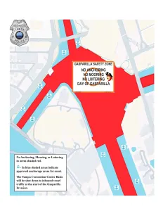Special Marine warning for #gasparilla. No Anchoring, Mooring, or Loitering in areas shaded red.
– In blue shaded areas indicate approved anchorage areas for event.
The Tampa Convention Center Basin will be shut down to inbound vessel traffic at the start of the Gasparilla Invasion.