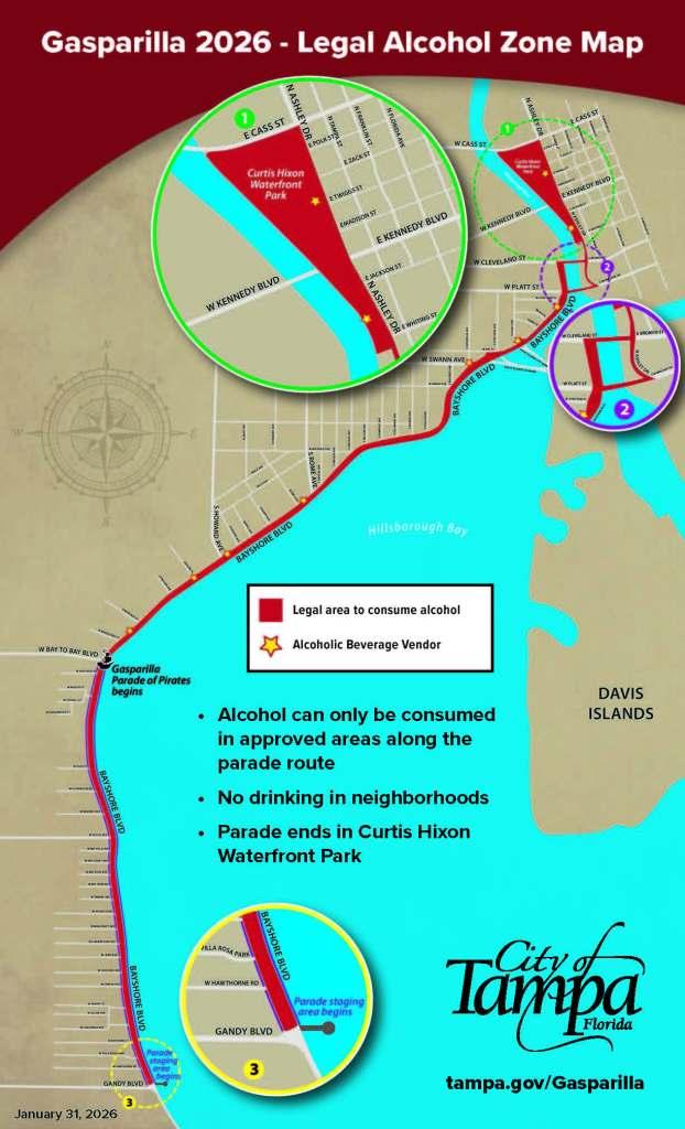 Alcohol is only permitted within designated Wet Zones established by the City of Tampa, generally along Bayshore Boulevard. These zones do not extend into surrounding neighborhoods or side streets.